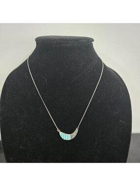 Vintage Sterling Silver Inlaid Turquoise Marcasite Bar Necklace 925 Dainty